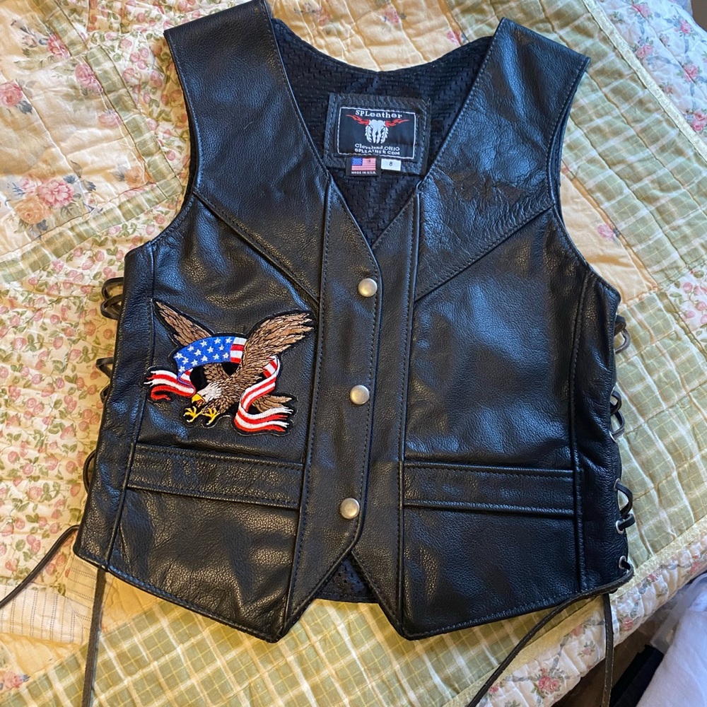 SP leather Black Leather Vest with Eagle Patch